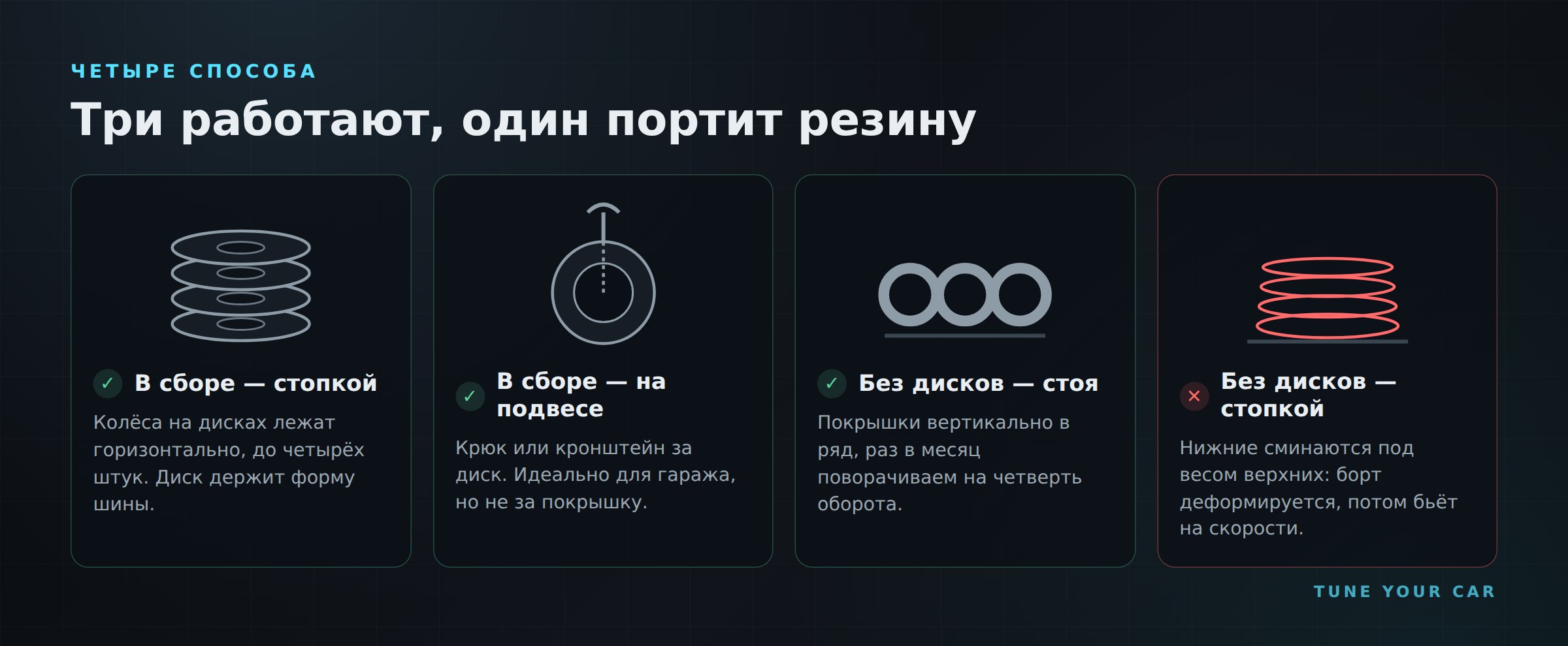 Четыре способа хранения колёс: в сборе стопкой, в сборе на подвесе, покрышки без дисков стоя и неправильная стопка без дисков