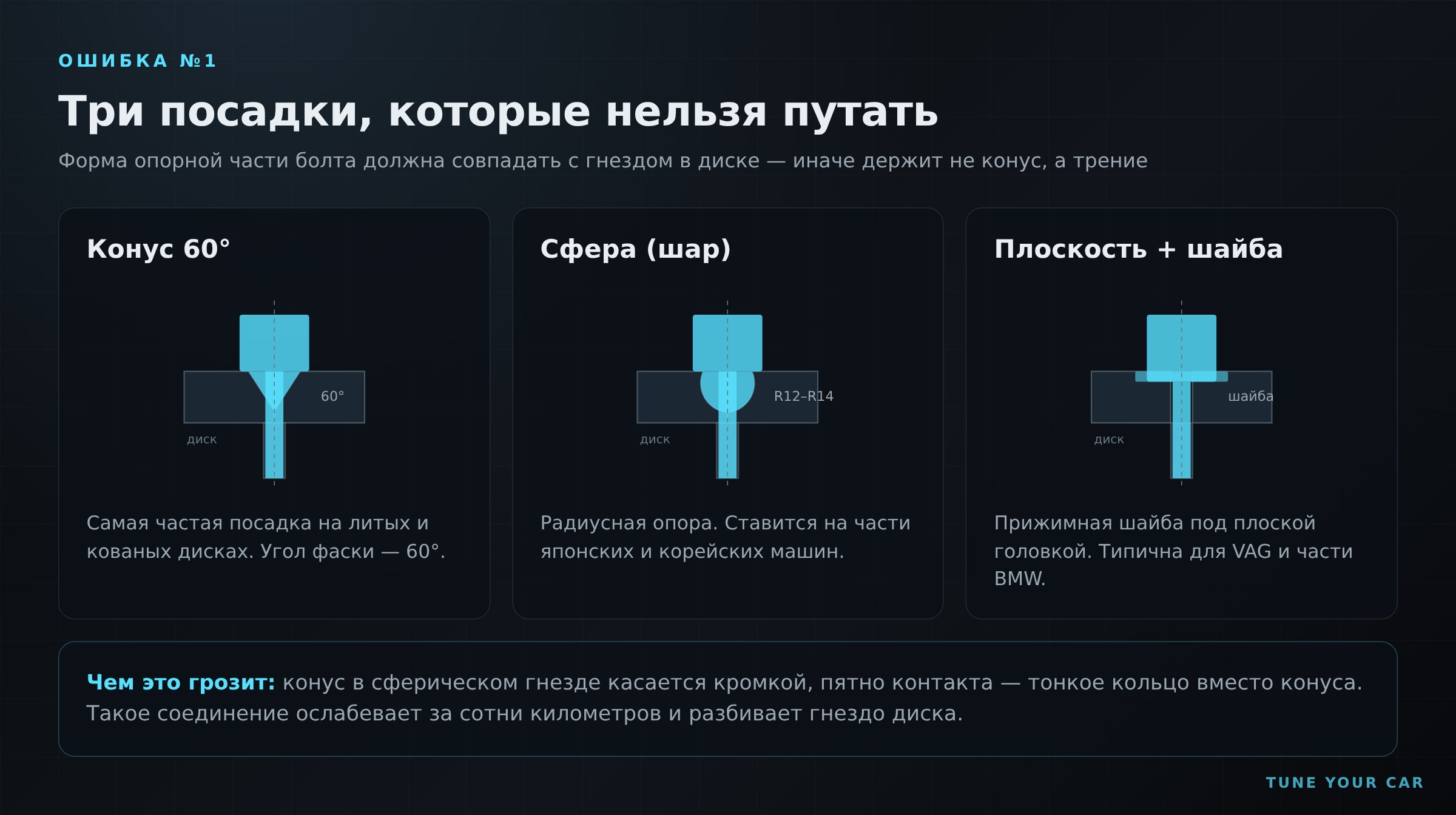 Три типа посадки колёсных болтов: конус 60 градусов, сфера и плоскость с шайбой