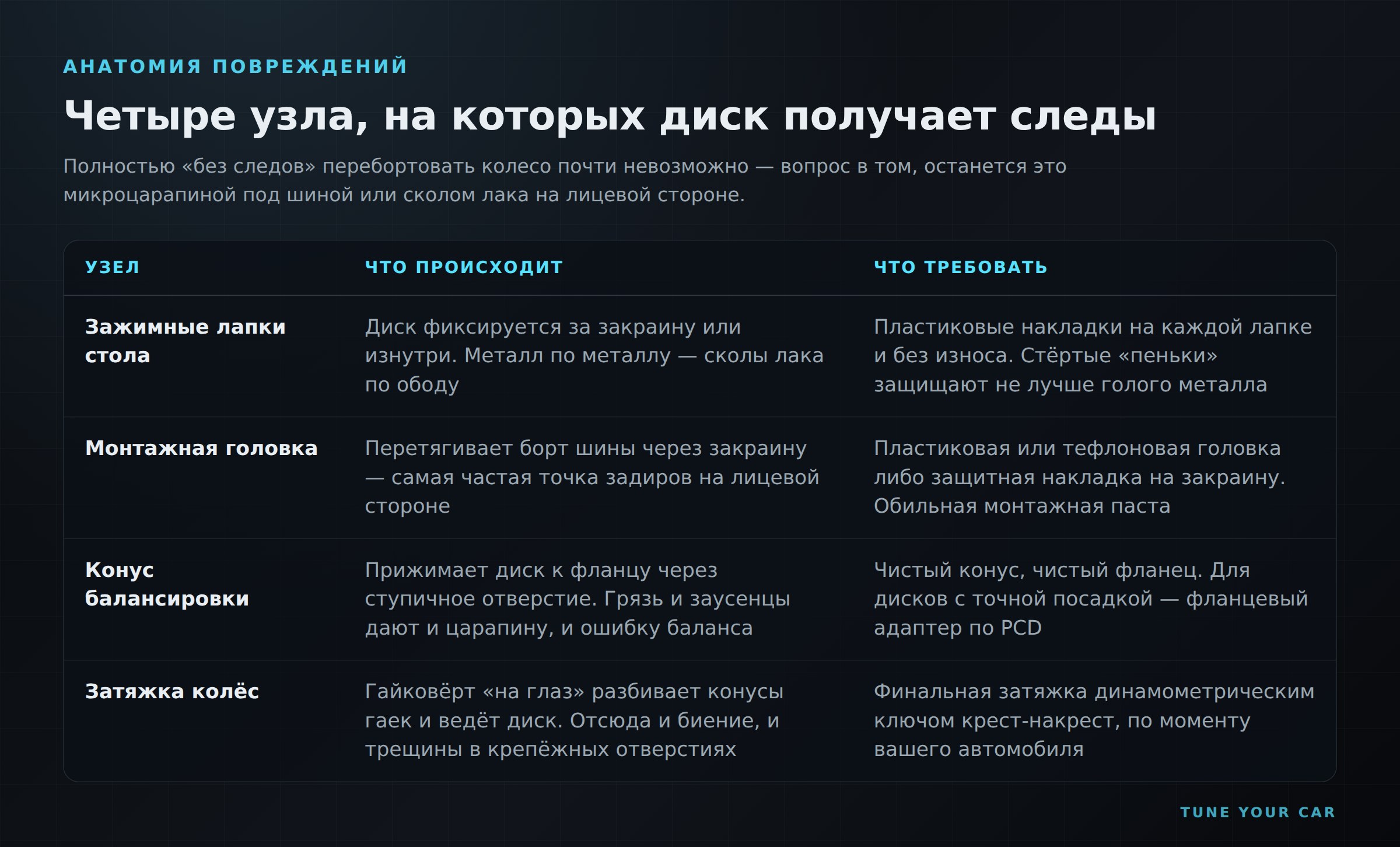 Узлы шиномонтажного станка и повреждения дисков, которые они вызывают