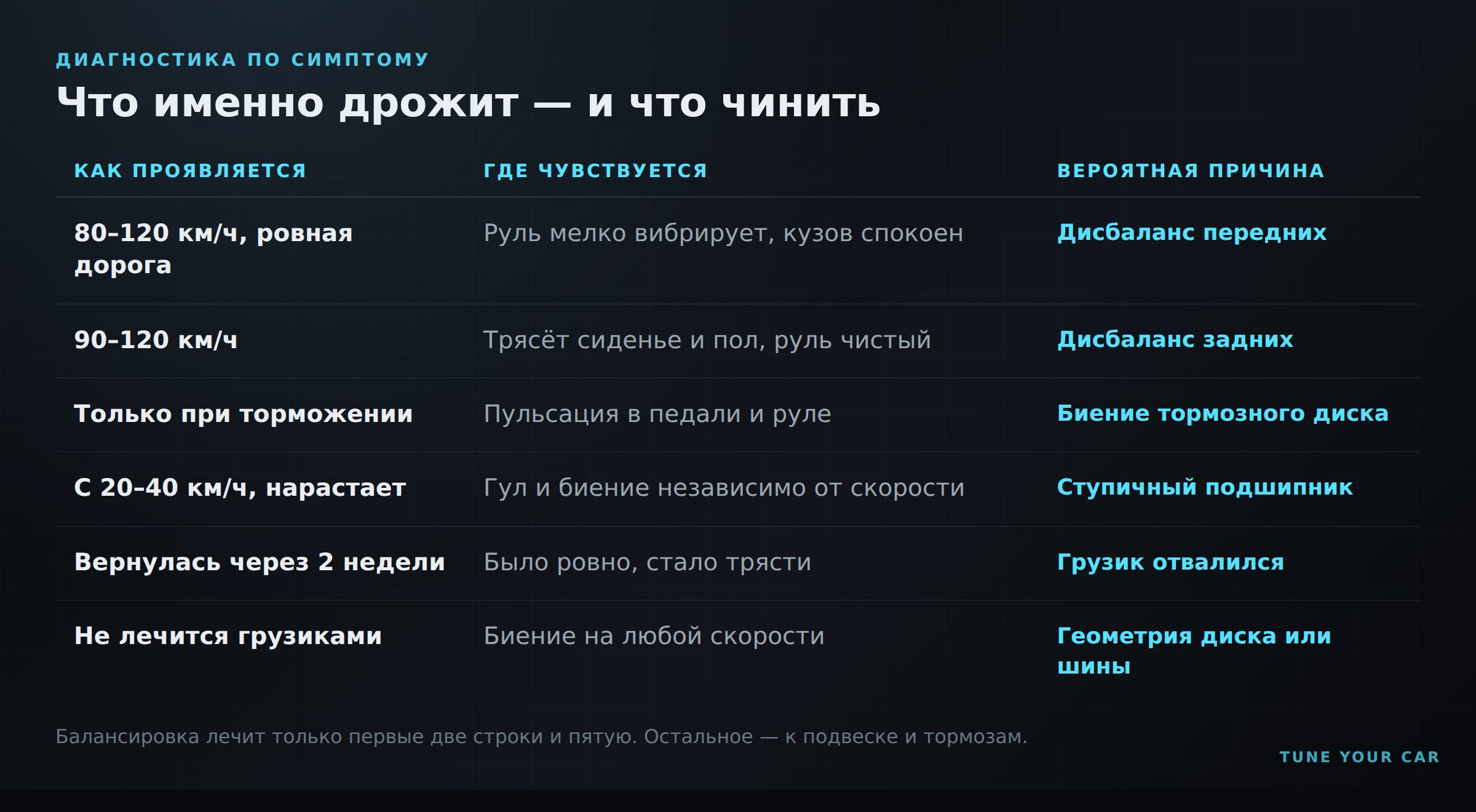 Таблица: как по симптому определить причину вибрации — дисбаланс, биение тормозного диска или ступичный подшипник