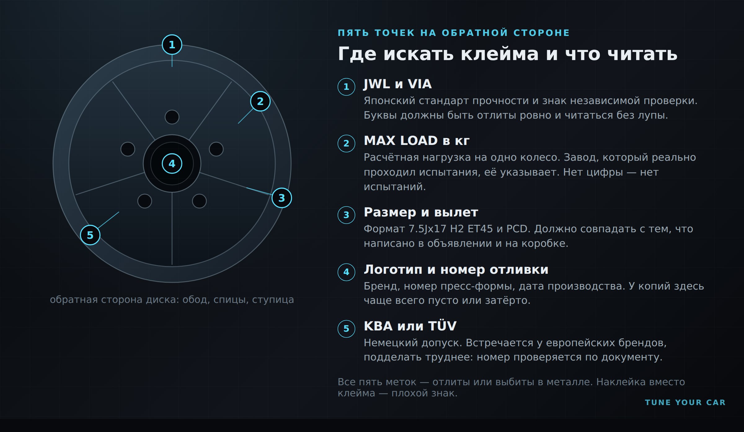 Схема обратной стороны диска: где искать клейма JWL, VIA, MAX LOAD, размер и номер отливки