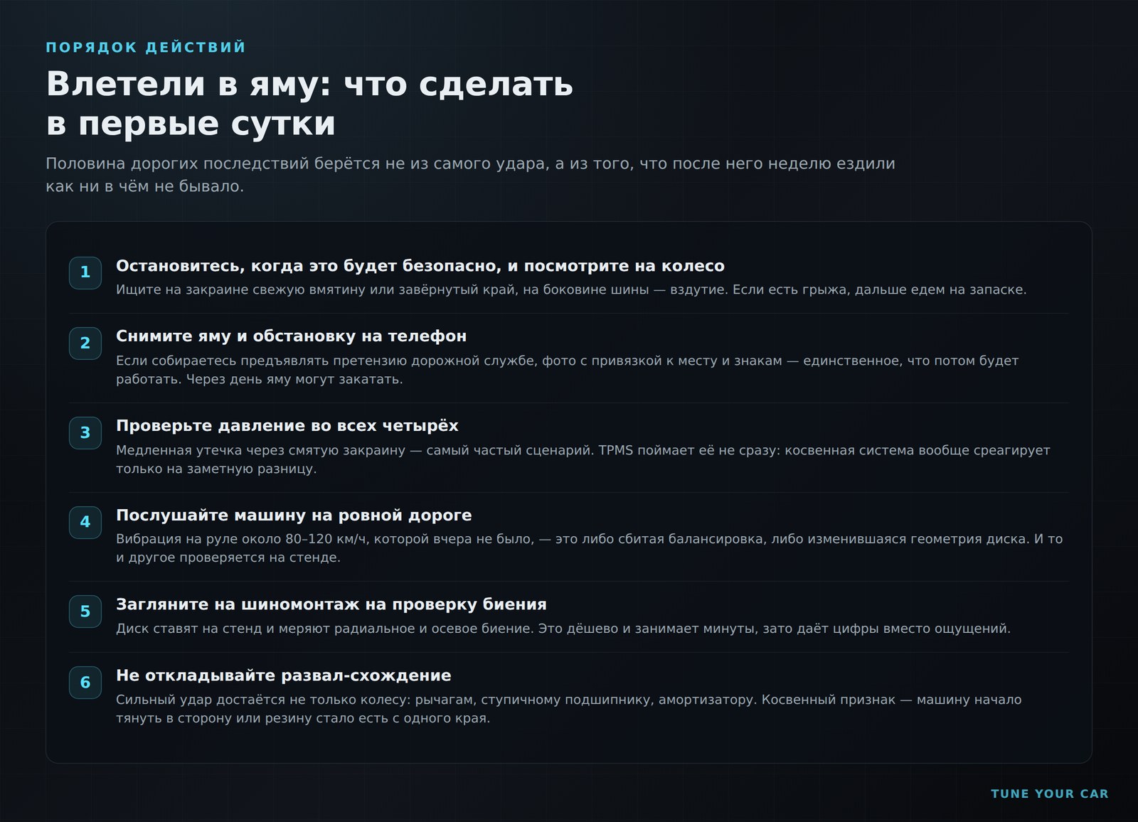 Порядок действий после удара колесом о яму: шесть шагов в первые сутки