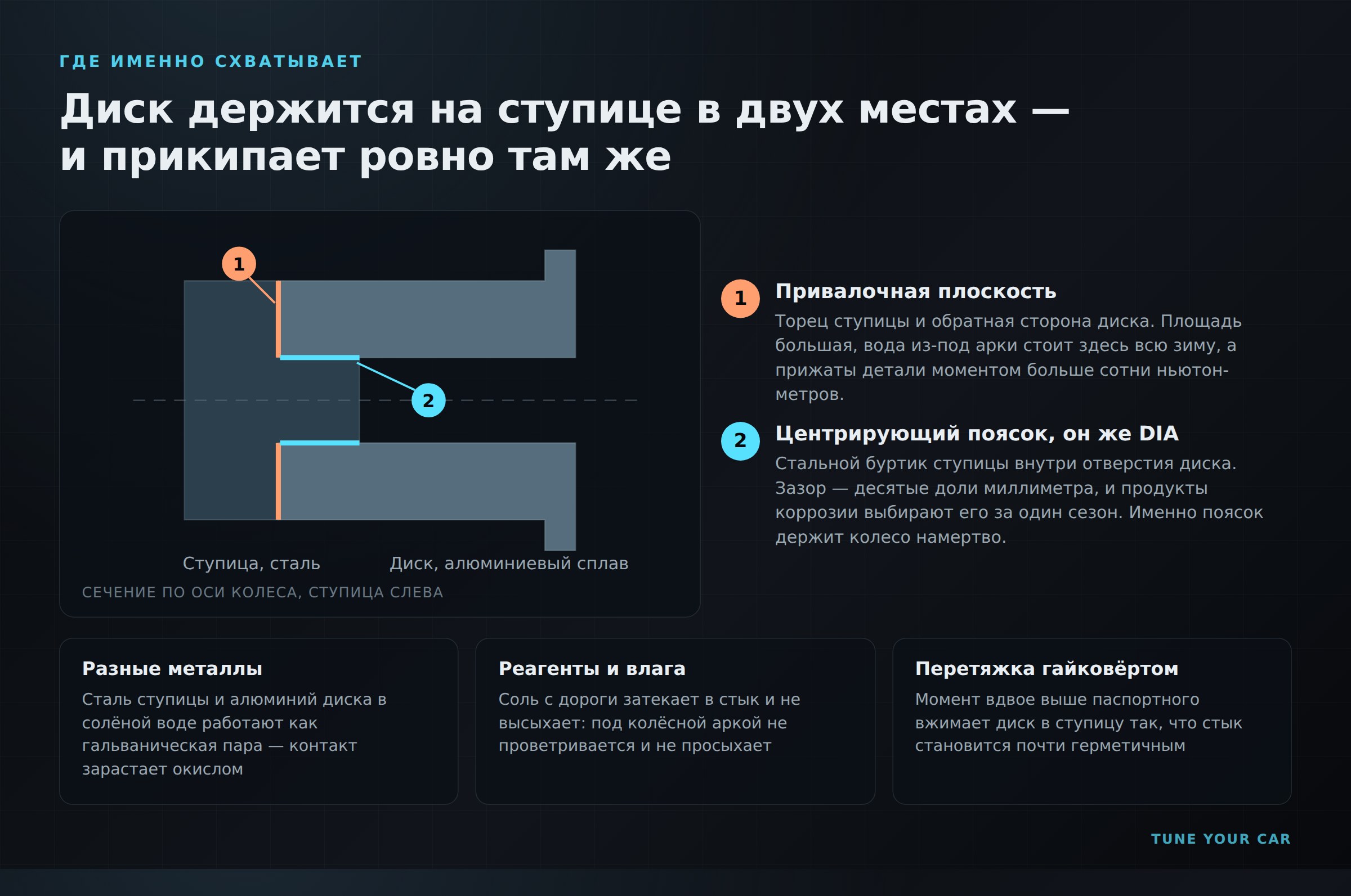Схема: привалочная плоскость и центрирующий поясок ступицы — две зоны контакта с диском