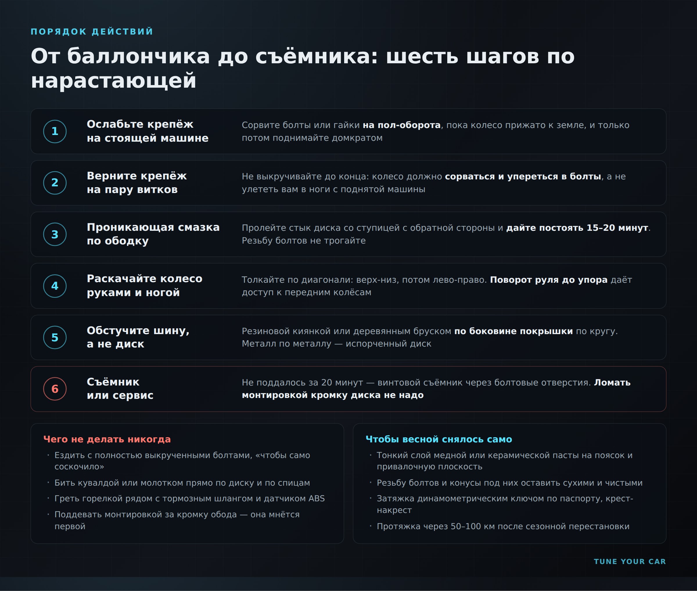 Шесть шагов снятия прикипевшего колеса и список того, чего делать нельзя