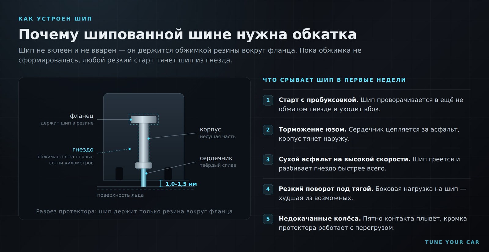 Разрез протектора: как шип держится в резине