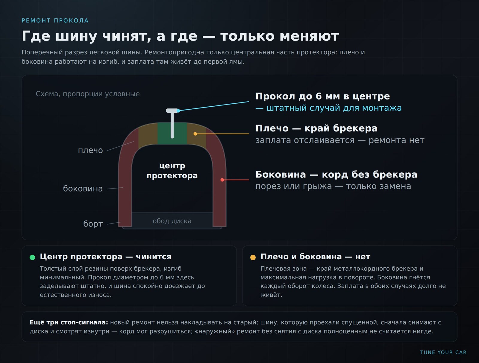 Ремонтопригодная зона протектора и неремонтопригодные плечо с боковиной в разрезе шины