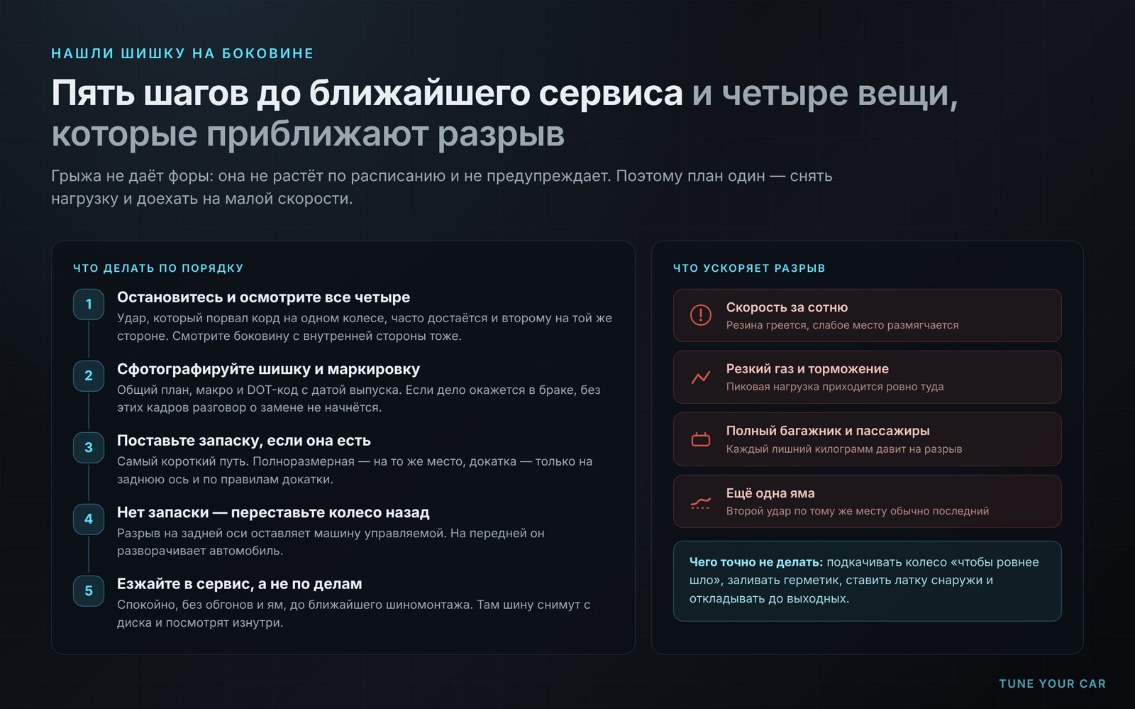 Порядок действий при обнаружении грыжи на шине и факторы, ускоряющие разрыв