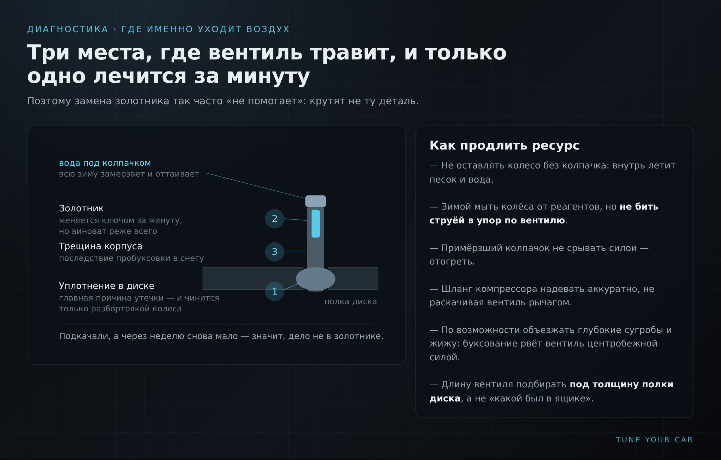Схема вентиля в диске: уплотнение в посадочном отверстии, золотник и трещина корпуса — три места, где уходит воздух