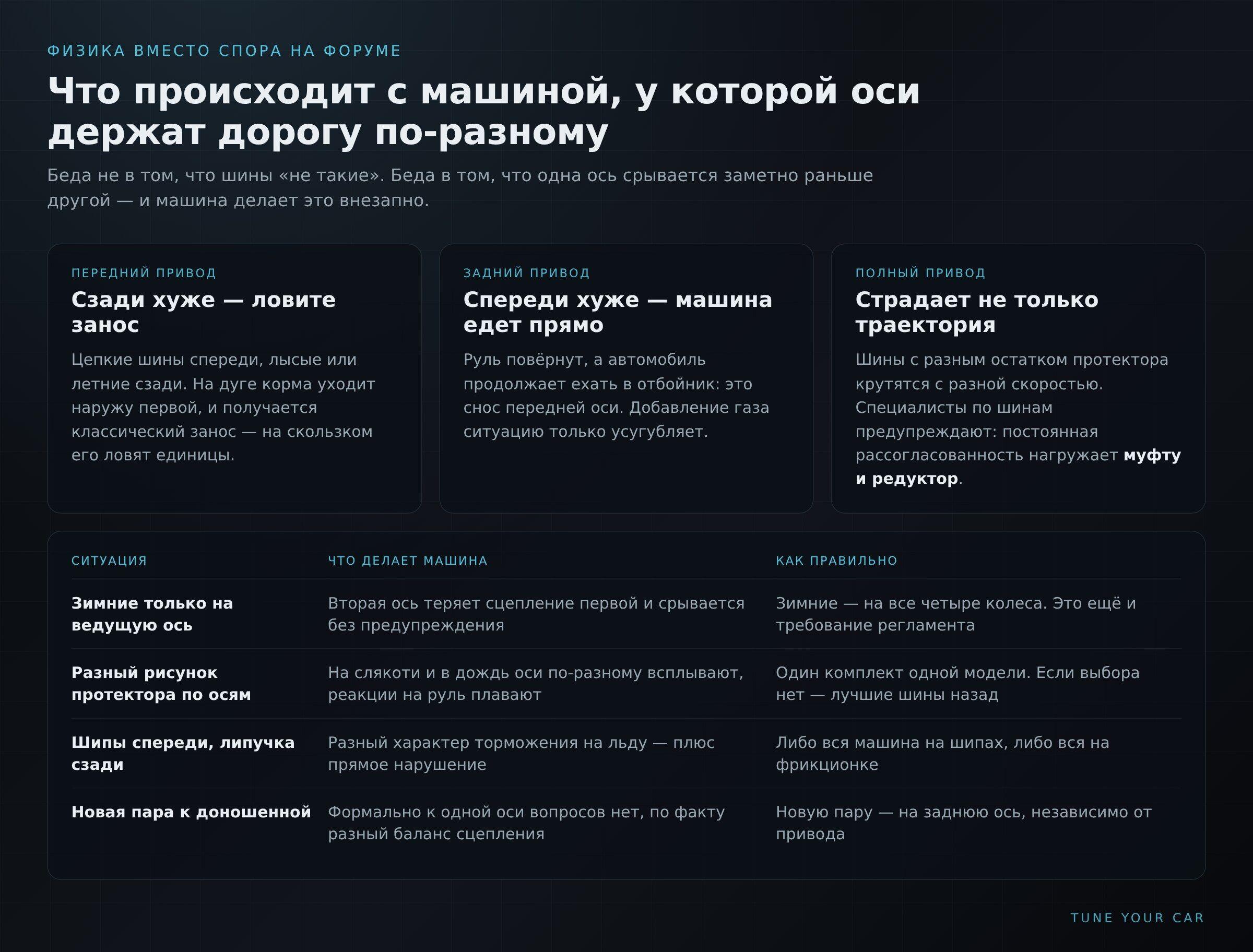 Разбор: снос и занос при разных шинах по осям для переднего, заднего и полного привода